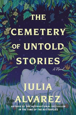 The Cemetery of Untold Stories book cover with the title in the center and a blue background with green leaves.