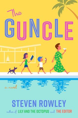 book cover featuring a drawing of a man and two kids and a a dog walking behind him next to a pool.