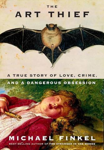 book cover with a split picture - the top is a bat the bottom is a painting of a person laying down.