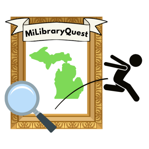 person jumping out of painting of michigan with magnifying glass and MiLibraryQuest text
