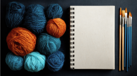 balls of different colored yarn, a blank notebook, paint brushes, and pencils all on a dark background.