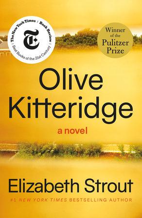 Olive Kitteridge book cover with yellow in the front and landscapes in the back.