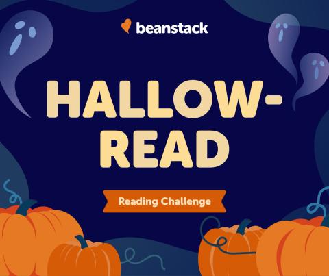 Ghosts and pumpkins on a dark blue background with text saying Hallow-Read Reading Challenge and Beanstack