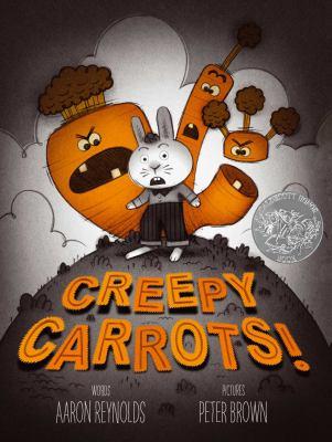 book cover for creepy carrots showing a scared rabbit with scary looking carrots that are alive behind it