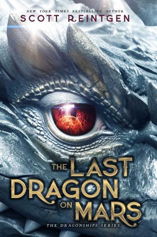 Book cover for the last dragon on mars with a close-up of a gray dragon with a red eye