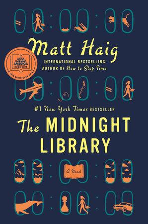 Midnight Library book cover featuring a dark blue background and small ovals like airplane windows showing a variety of creatures and people popping in and out.