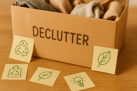 Cardboard box labeled "declutter" with items in it and post-it notes with the word recycle on them.