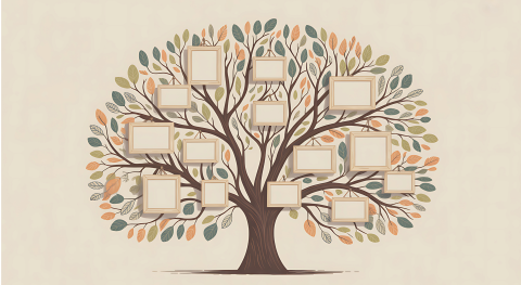 Decorative family tree illustration with blank photo frames and leaves