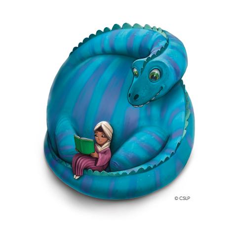 Illustration of a large dinosaur and a child reading