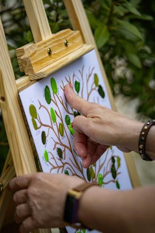 Hands pointing at a family tree artwork