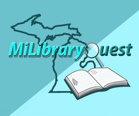MiLibraryQuest logo with state of Michigan and book