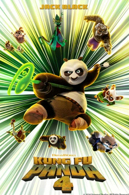 Kung Fu Panda Four movie poster with panda kicking