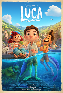 Luca movie poster two sea monsters and girl in water