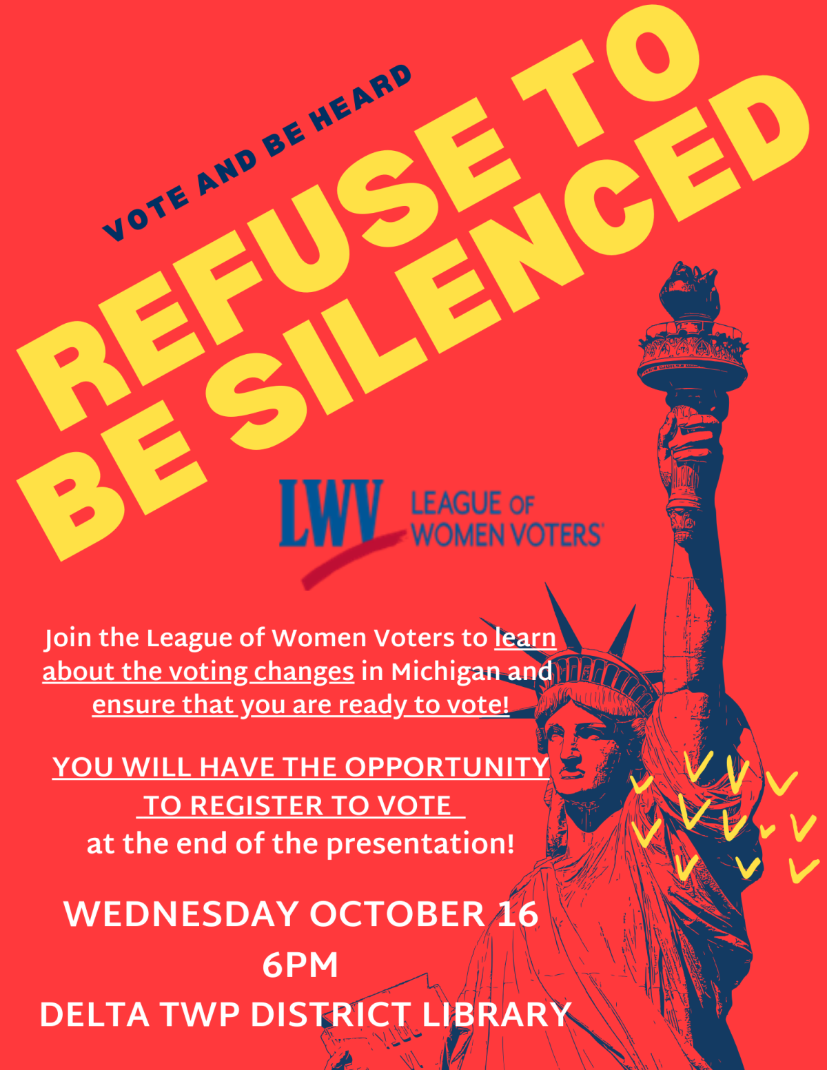 Red flyer with text diagonally saying refuse to be silenced and League of Women Voter's logo.