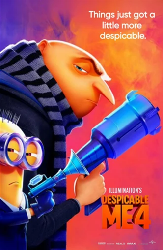 Movie poster for Despicable Me 4 showing a minion and Gru