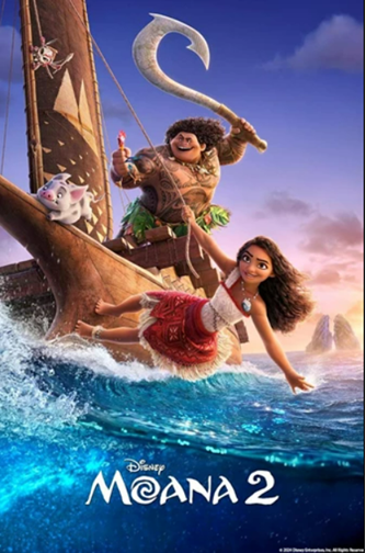 Moana two movie poster with Maui and Moana on a boat in the sea