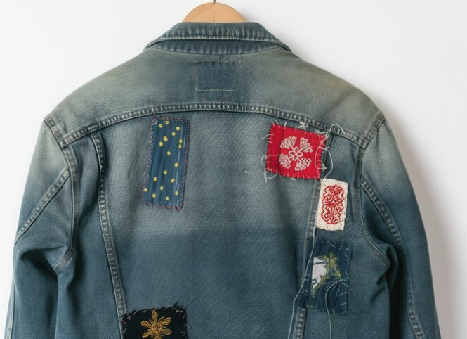 A denim jacket with colorful patches sewn on to it.