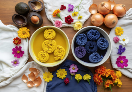 a table with flowers scattered on it and two bowls with yellow and blue liquid.