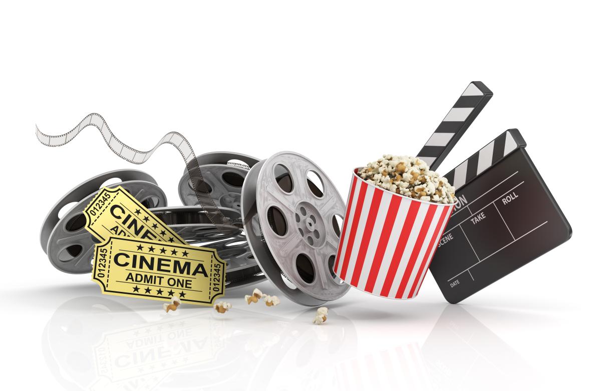 movie clapboard, movie reel, popcorn, cinema tickets