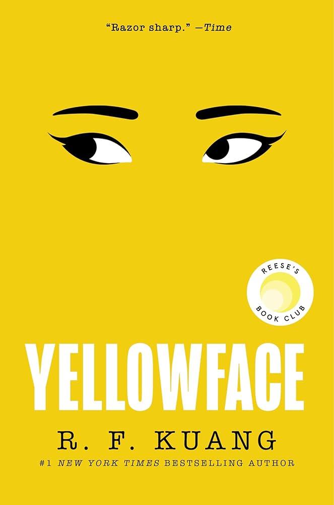 book cover of Yellowface, with yellow background and a set of eyes printed on top.