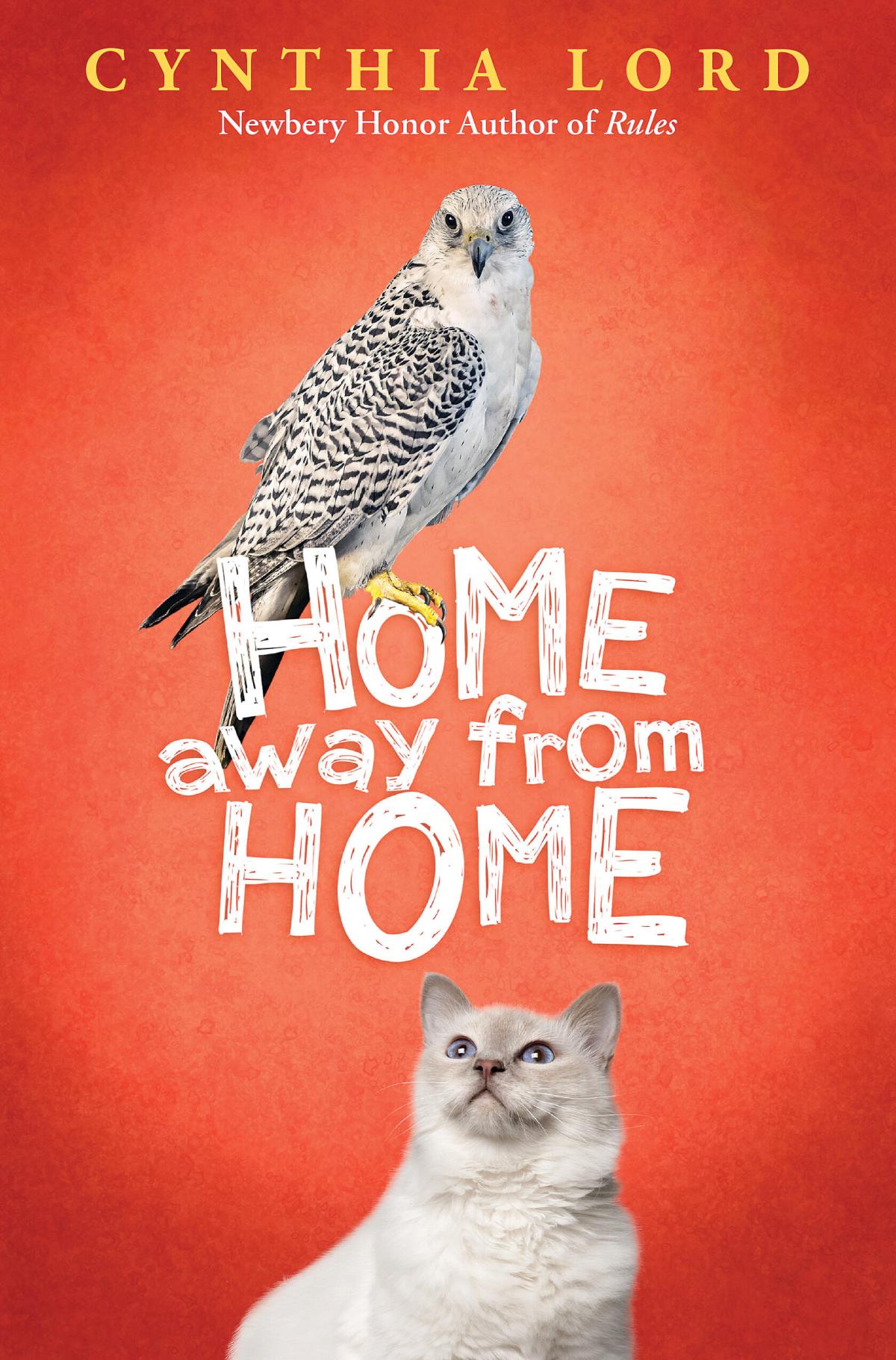 Orange Home Away from Home book cover with a falcon and cat