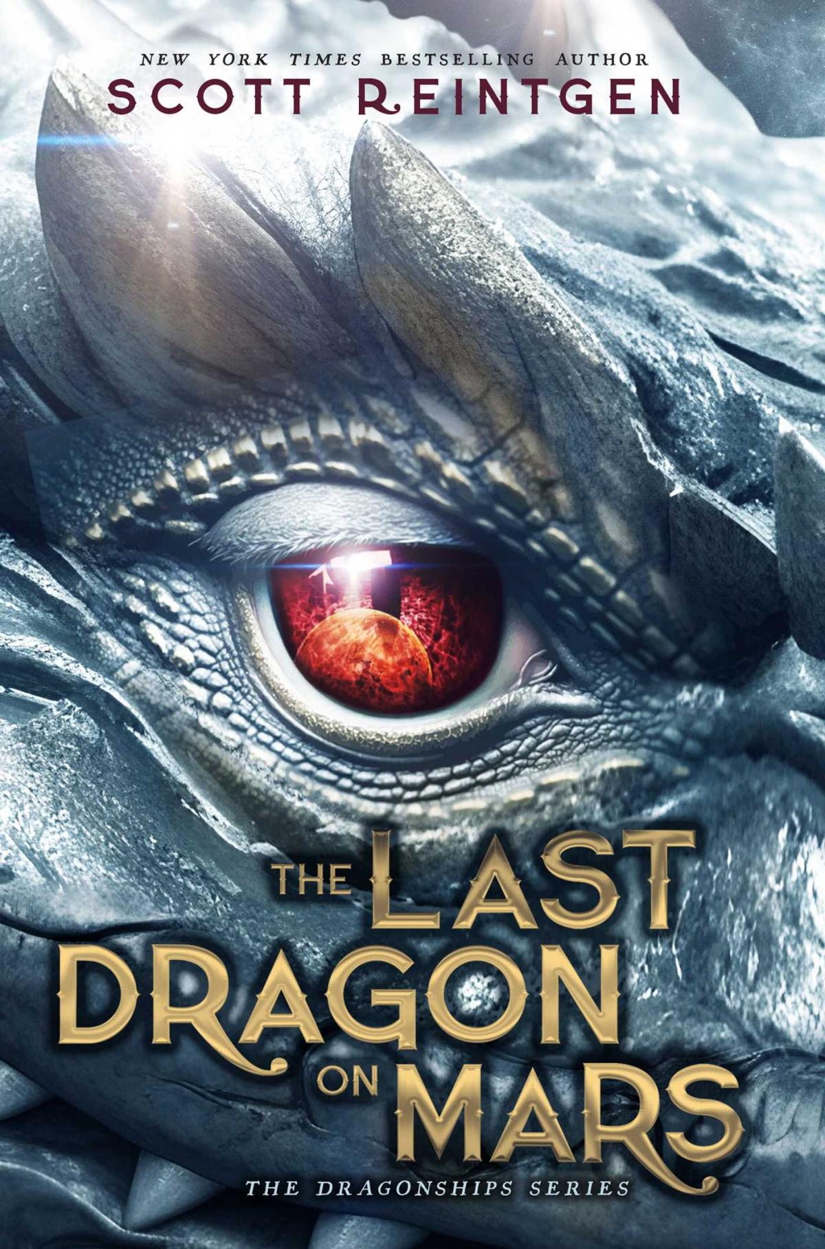 Book cover for the last dragon on mars with a close-up of a gray dragon with a red eye
