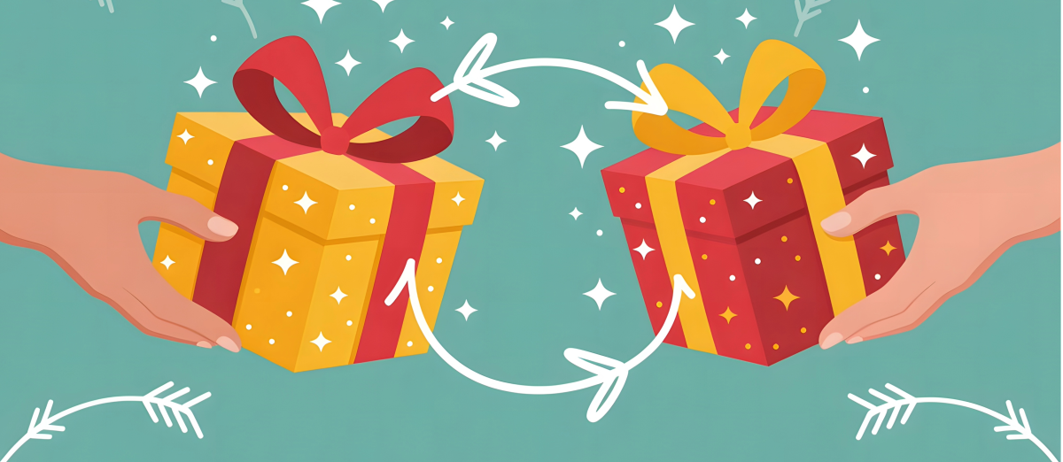 two hands holding out wrapped gifts to each other on a teal background.
