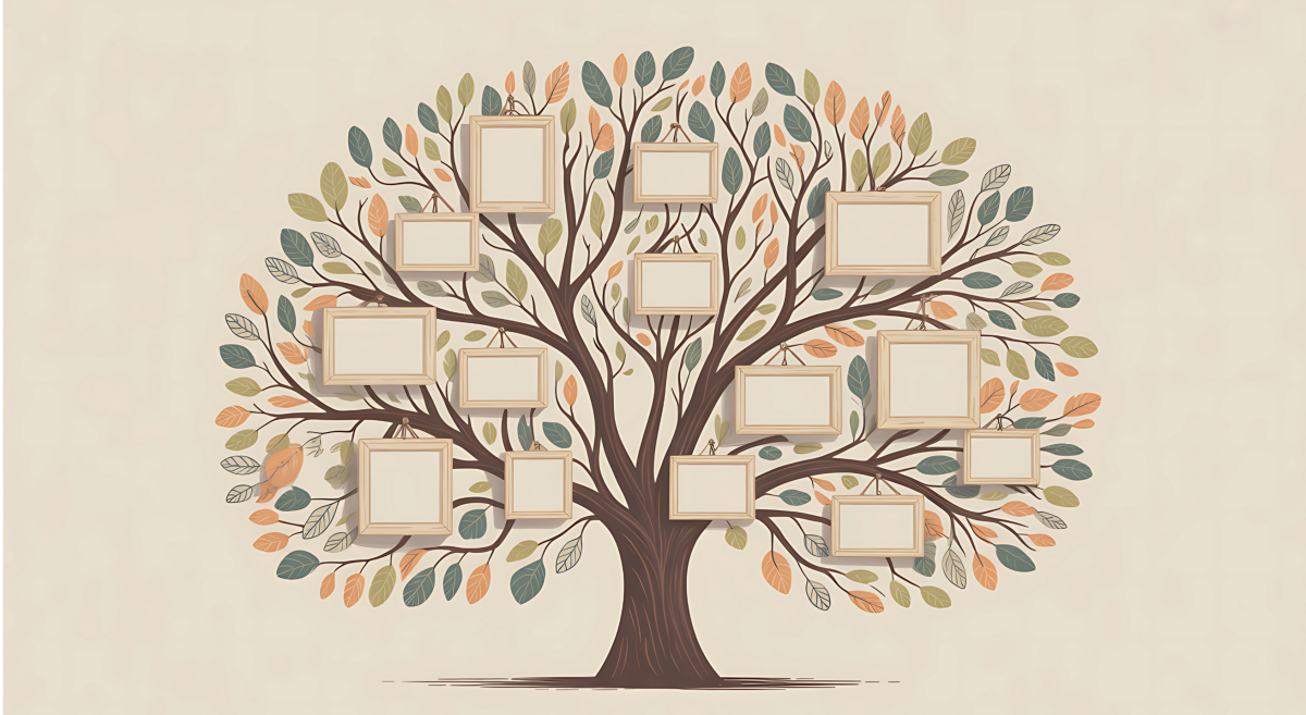 Decorative family tree illustration with blank photo frames and leaves