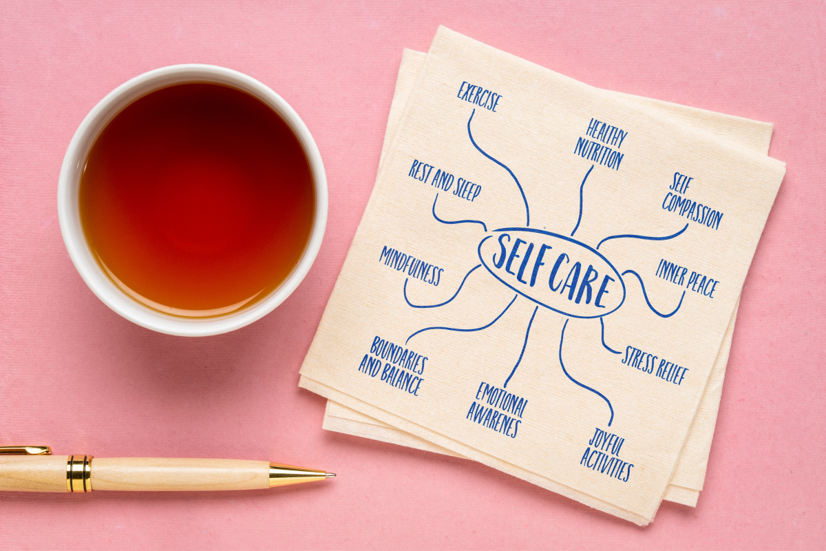 Napkin with self care map drawn on it, next to a mug of tea and a pen.