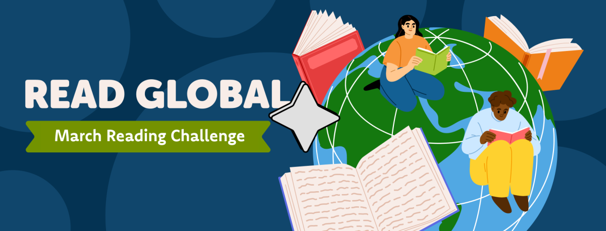 Read Global March Reading Challenge with image of globe and people reading